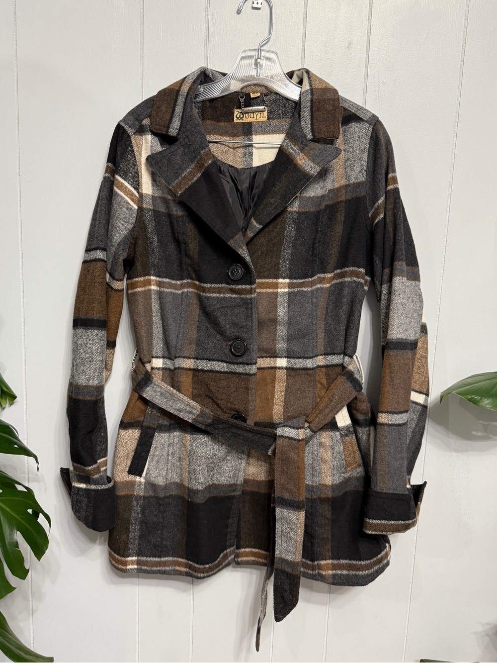 NWOT Plaid Belted Trench Coat in Brown & Gray